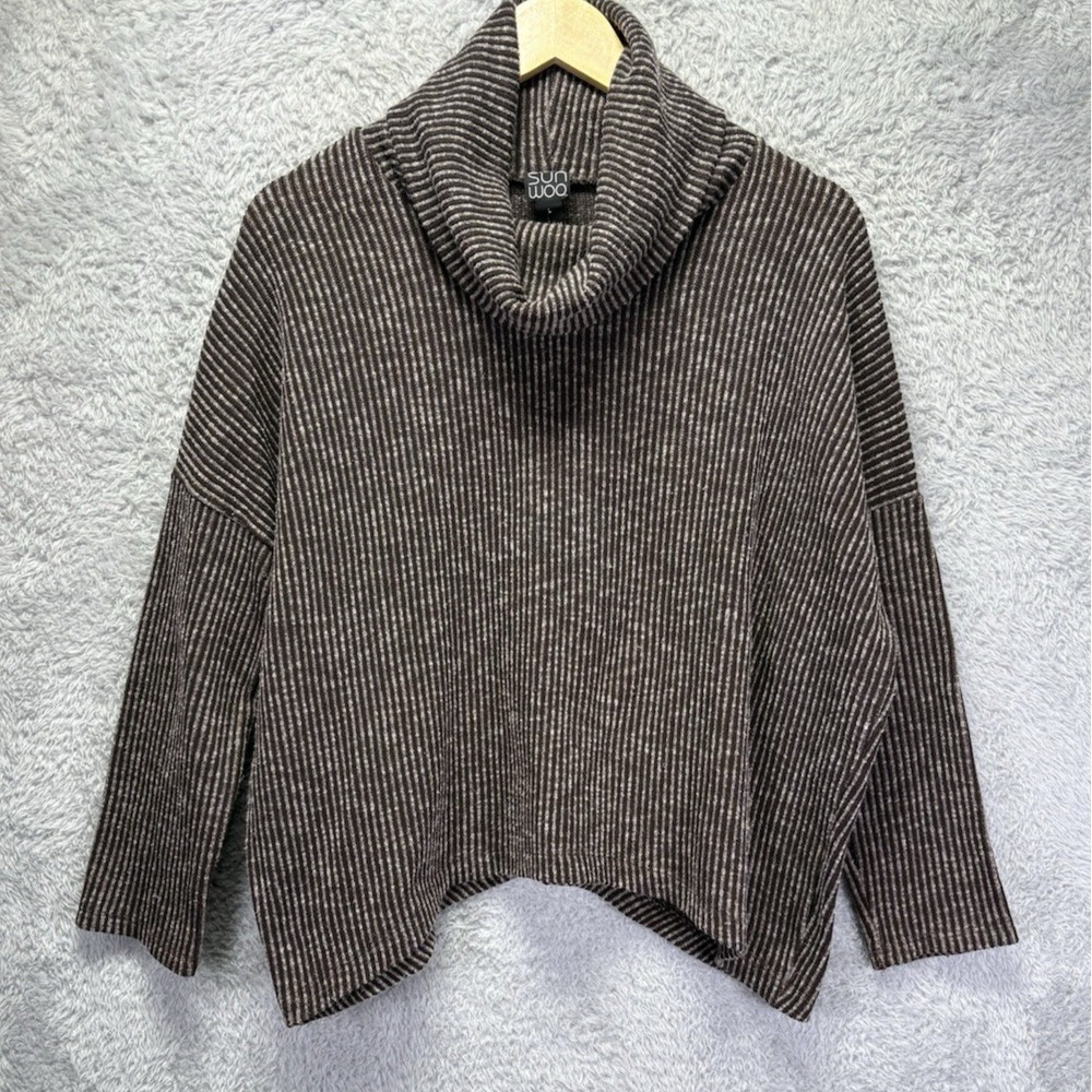 Clara Sun Woo Womens‎ Sweater Boxy Cowl Neck Oversized Ribbed Brown Cozy Large